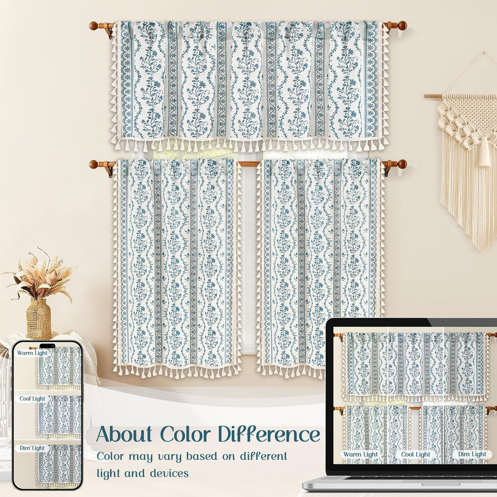 Boho Valance Curtains Vintage Linen Kitchen Valances for Windows Light Filtering Bohemian Floral Valance Rod Pocket