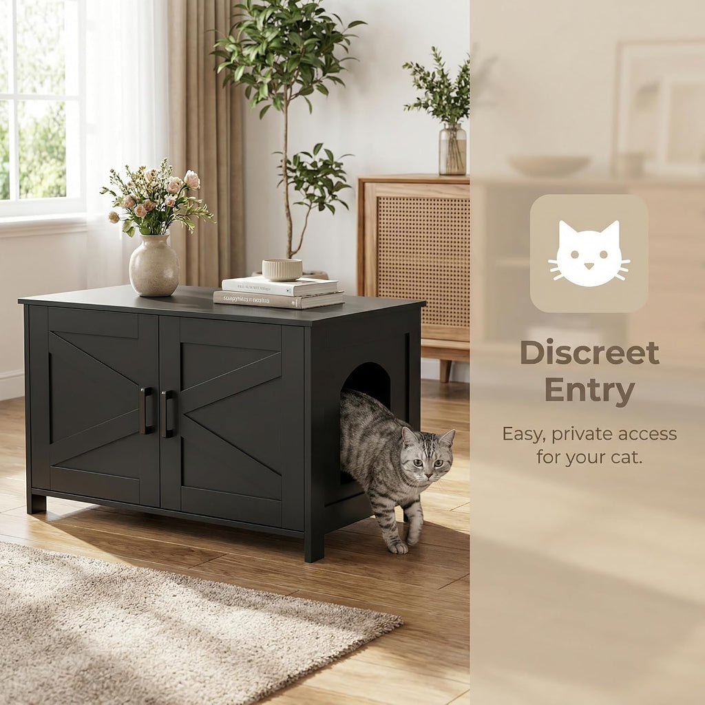 31.5" L Cat Litter Box Enclosure with Barn Door, Black