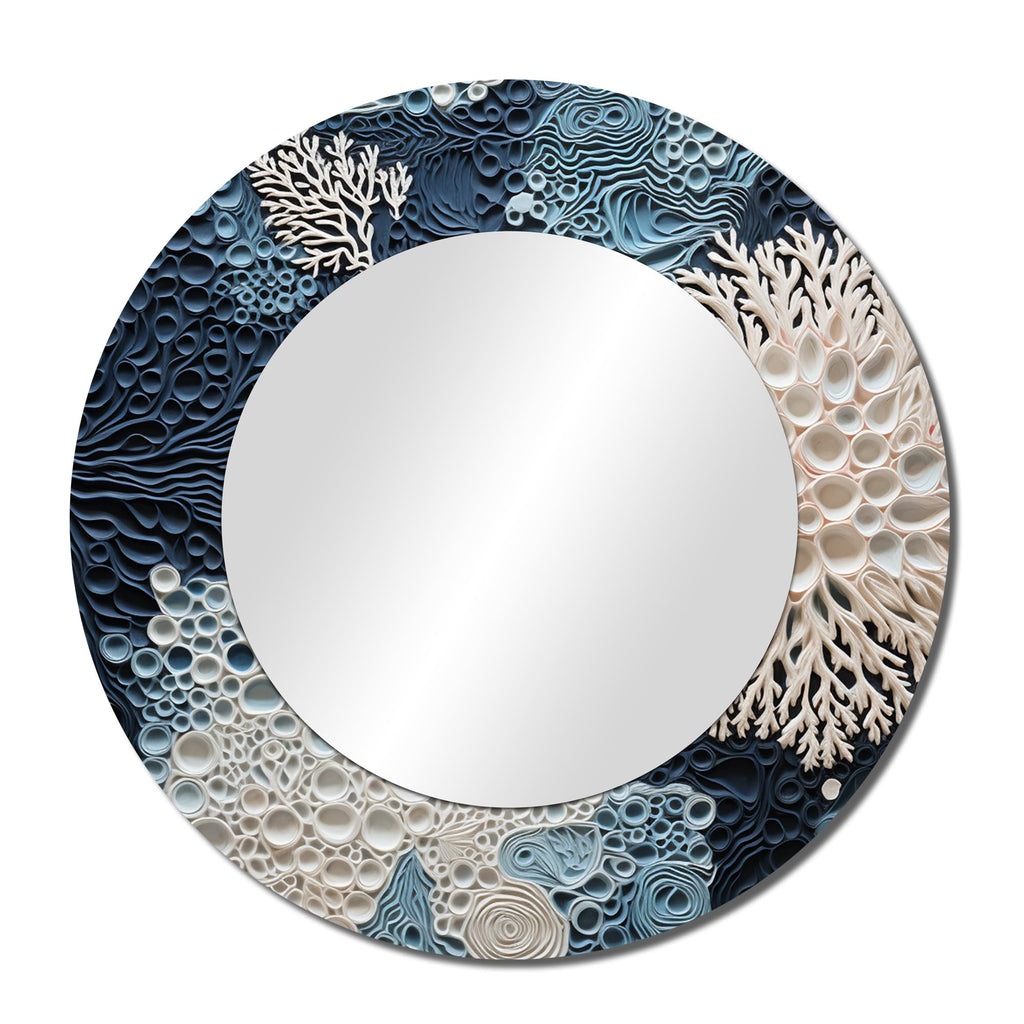 Coastal Wall Mirror, Round Beach Wall Mirror, Under Water Blue and White Corals Collage, Decorative Coastal Bathroom