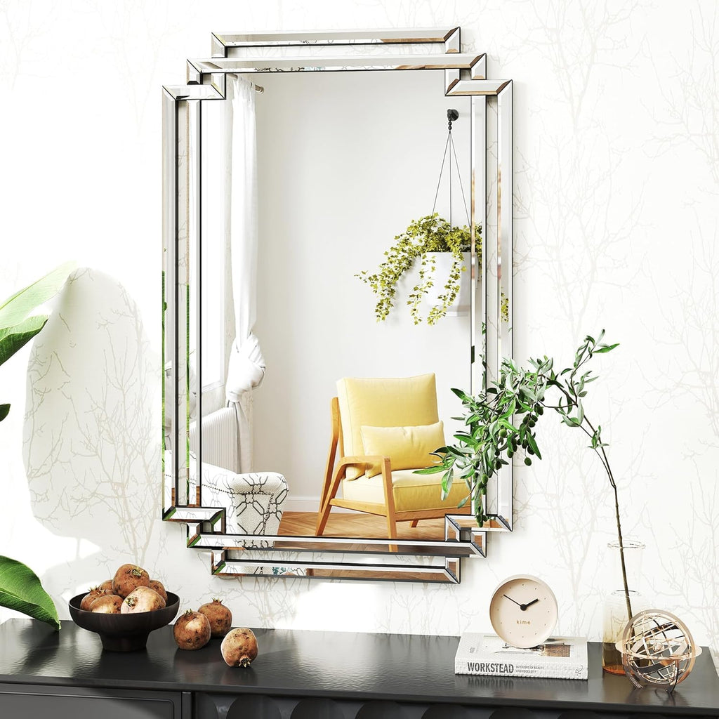 Modern Large Living Room Mirror with Mirrored Frame Decor, 24" X 36" Decorative Wall Mirror with Glass Pieces and