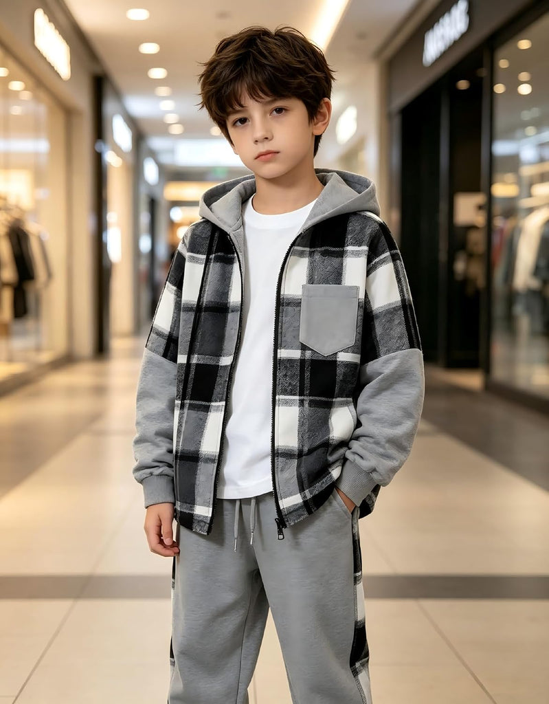 Boys 2‐Piece Sweatsuit Set, Zip‐Up Plaid Patchwork Hoodie Sweatshirt & Pants, Kids Fall Winter Outfits for 7‐