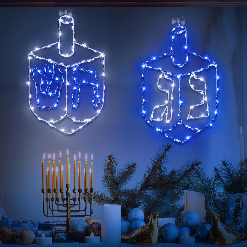 Hanukkah Decorations Window Lights, 8 Modes Blue White Chanukah LED Silhouette Lights Battery Operated - Set of 2