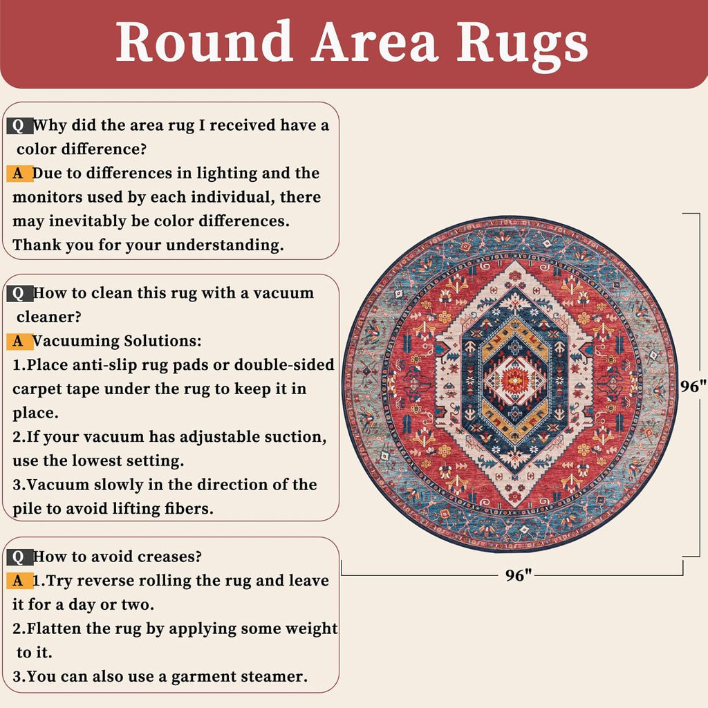 Boho Round Area Rug, 8ft Washable Non-Slip Circle Rug, Ultra Soft Large Oriental Vintage Rust Low-Pi