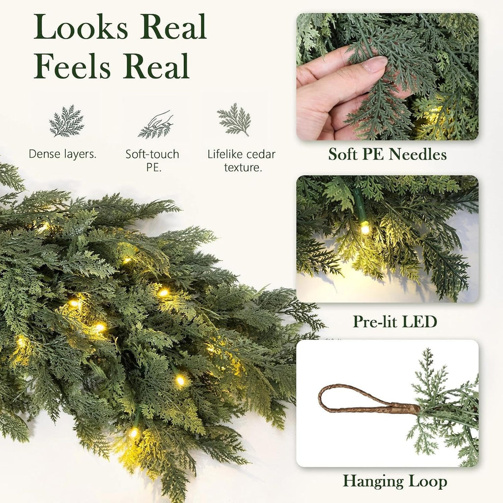 Pre-Lit Christmas Garland 9FT Decorations Real Touch Cedar Cypress Pine Greenery Artificial Green Christmas Garland