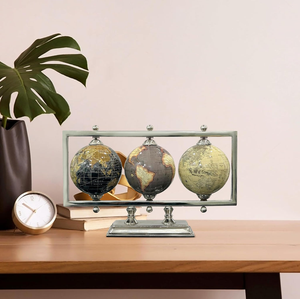 4'' World Globes Sturdy Metal Silver Stand Rotating Desktop Globe For Geographic Home Decorative Desk Table - Set of 3