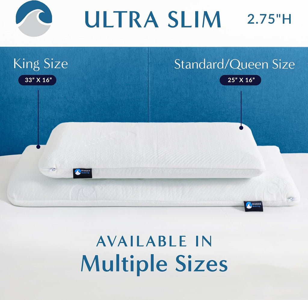 Bedding Ultra Slim Gel Memory Foam Pillow for Stomach and Back Sleepers - Thin, Flat Design for Cervical Neck