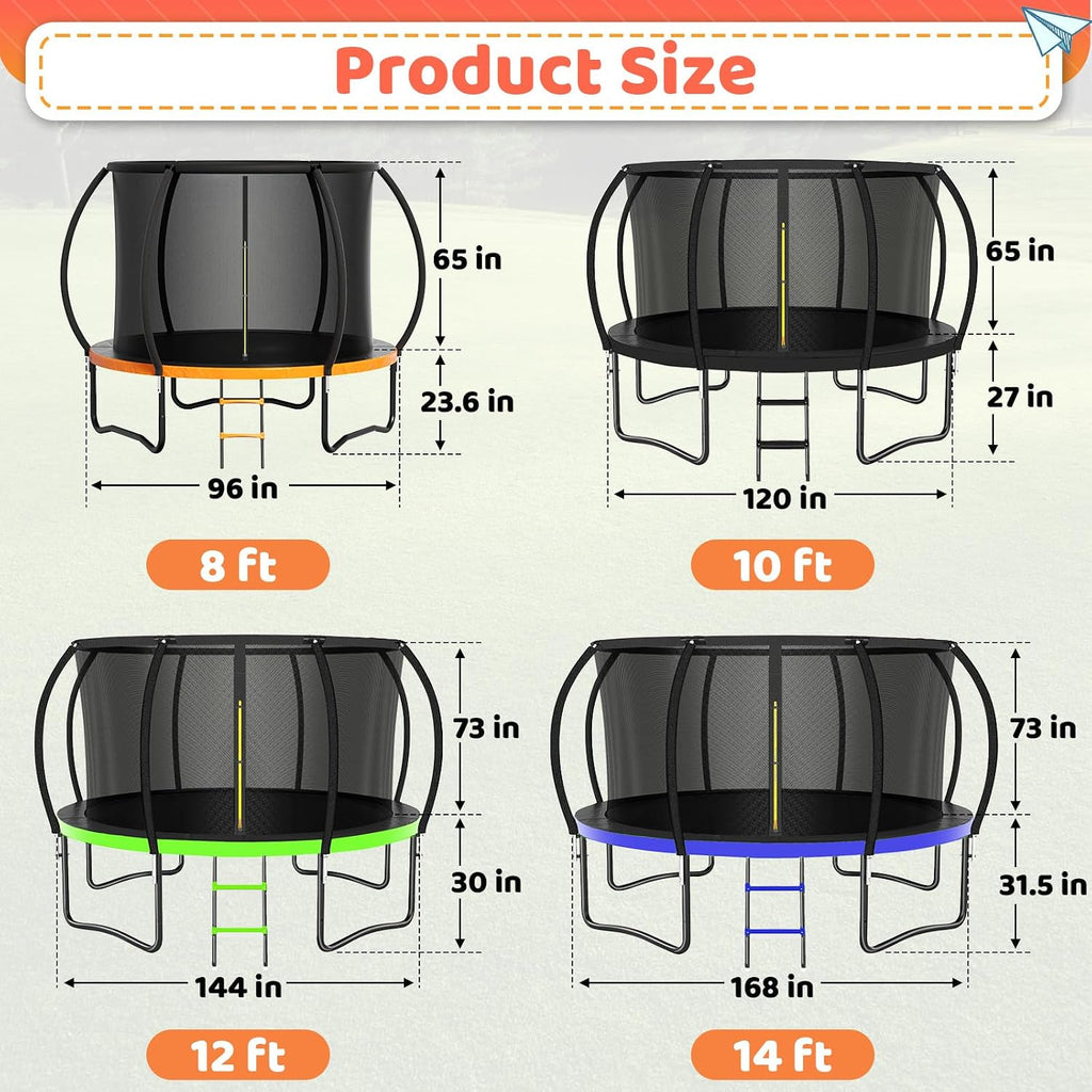8FT 10FT 12FT 14FT 16FT Trampoline Outdoor for Kids & Adults | Pumpkin Trampolines with Safety Net, Ladder