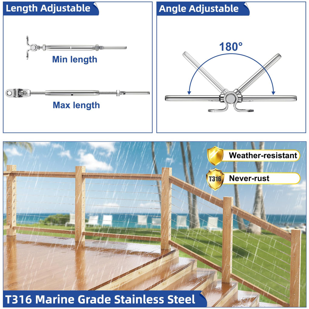 30 Sets T316 Stainless Steel Angle 180° Adjustable Swage Toggle Turnbuckle & End Deck Cable Railing Kit fits for 1/8"