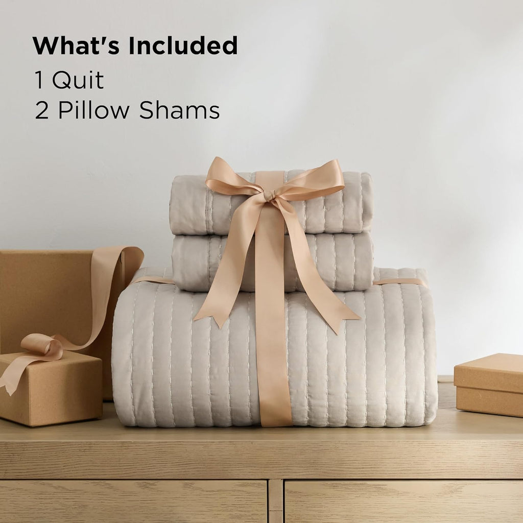 Quilts Queen - Queen Quilt Bedding Set Bedspread Coverlet Comforter, Lightweight Neutral Striped Bedding, 3-Piece Set