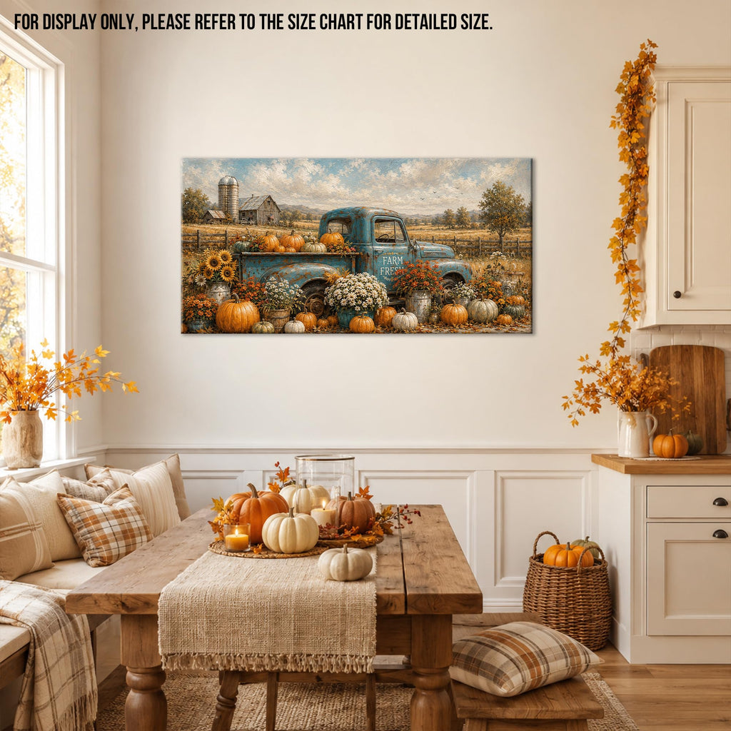 Truck Fall Canvas Wall Art, Rustic Farmhouse Painting Pictures Autumn Thanksgiving Artwork, Vintage Blue Farm Fresh
