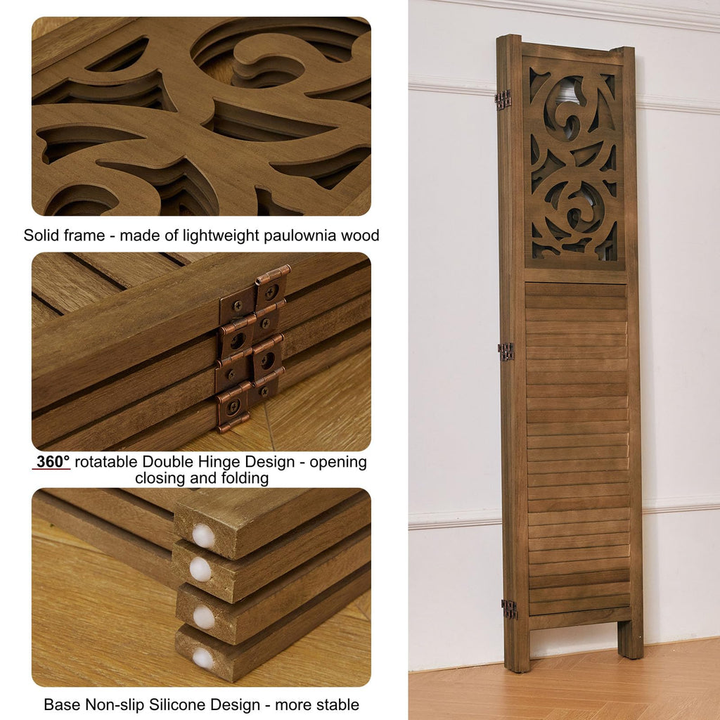 Folding Room Divider, 5.6Ft 4 Panels Wood Carved Privacy Screens, Free Assembled Freestanding Portable Reversible