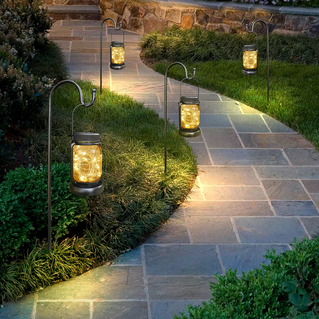 4 Pack Solar Mason Jar Hanging Lantern with Stakes, Warm White