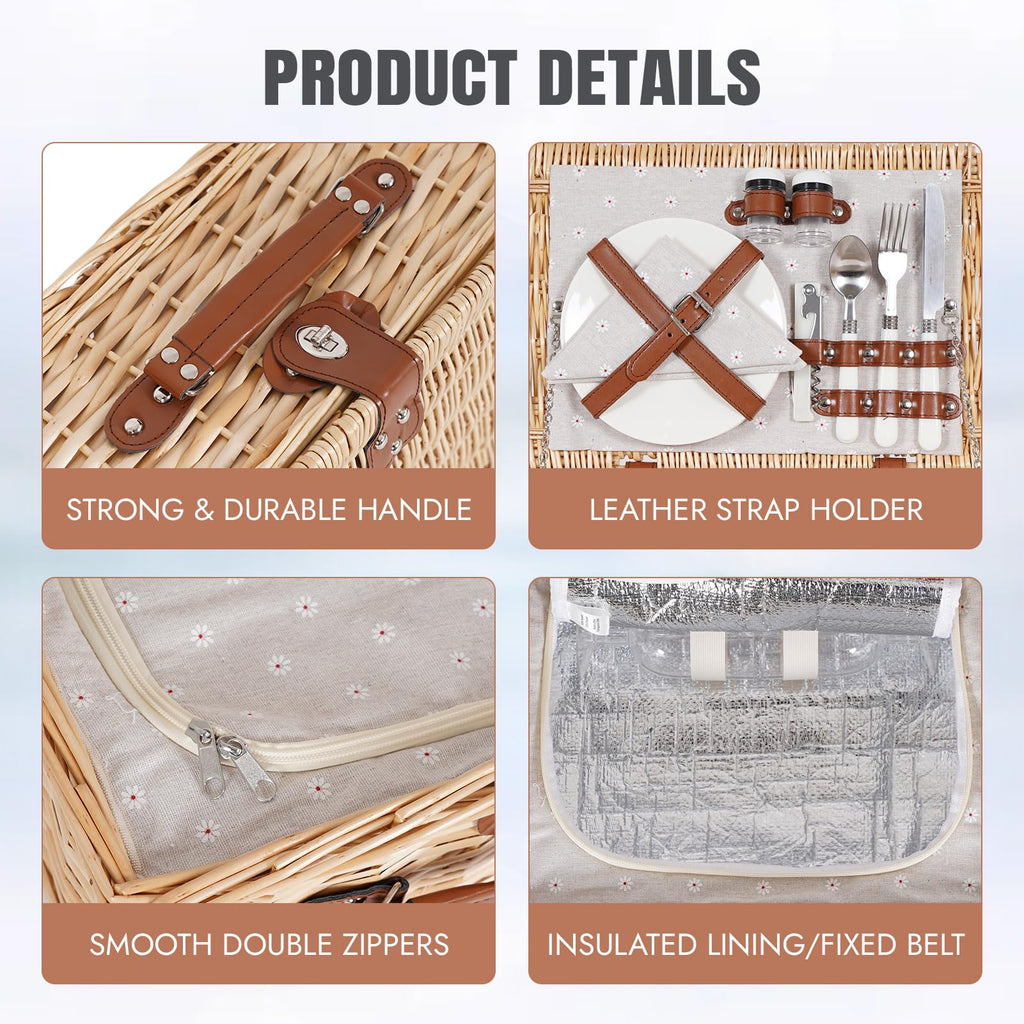 Picnic Basket Set for 2, Durable Wicker with Cutlery Kit
