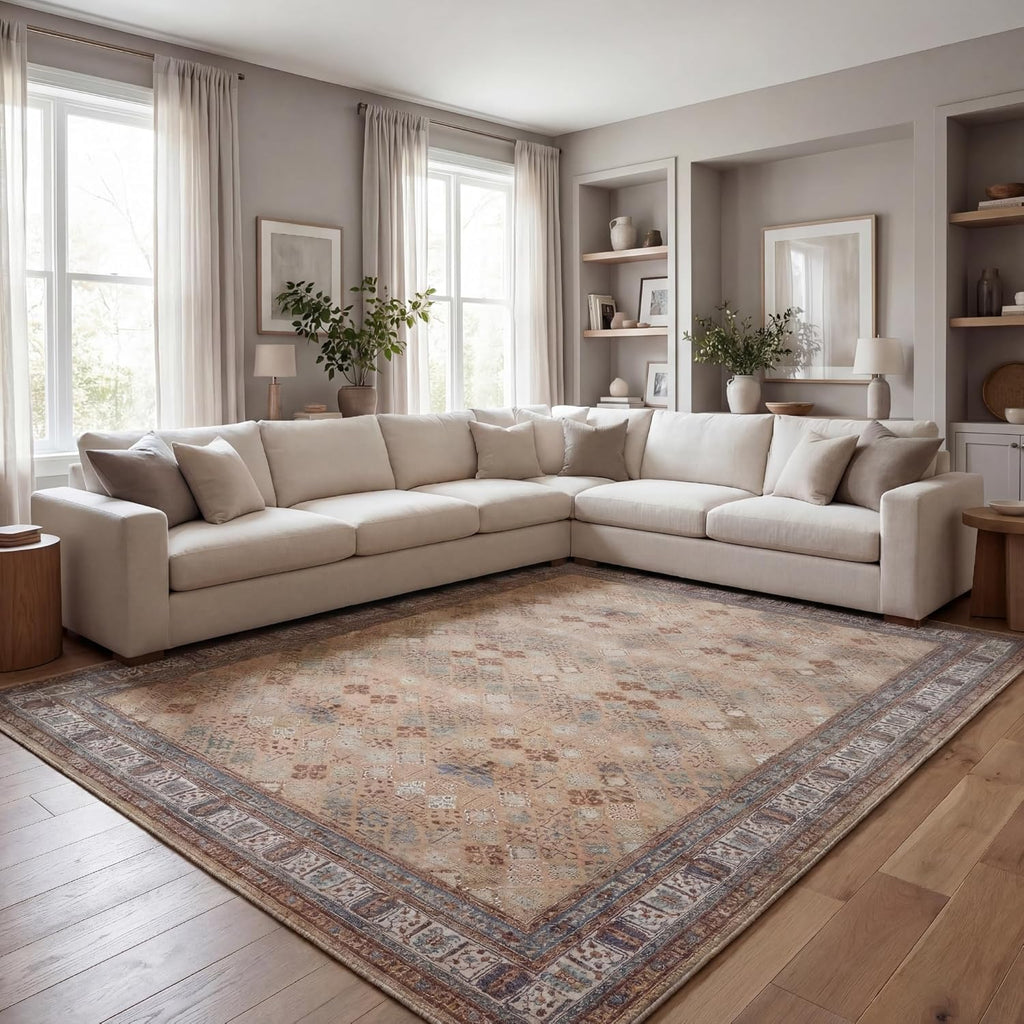 9x12 Large Area Rug, Machine Washable Area Rug with Non-Slip Backing, Vintage Style, Soft, Easy Clea