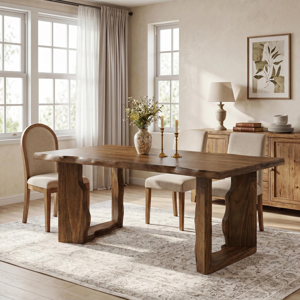 63" Live Edge Solid Wood Dining Table, Modern Rustic Kitchen Table with Sculptural Legs, 6-Person Rectangular Dinner
