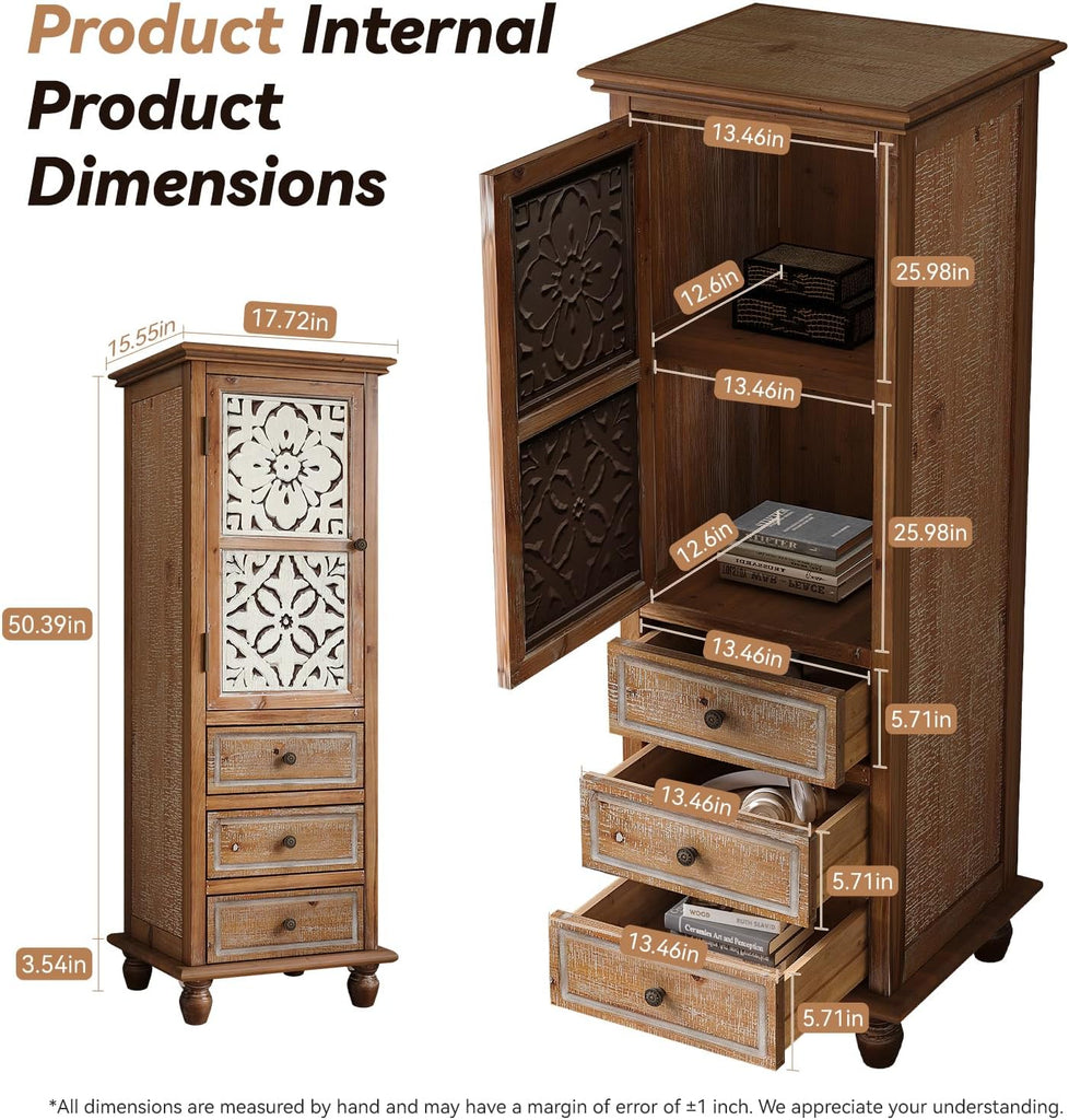 54" Weathered Solid Timber Freestanding Storage Chest, Accent Cabinets with Hollow Cut Magnetic Door, Utility