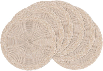 15 inch Round Placemats Boho Woven Braided Border Table Mats Washable Heat Resistant Circle Place Mats - Set of 6