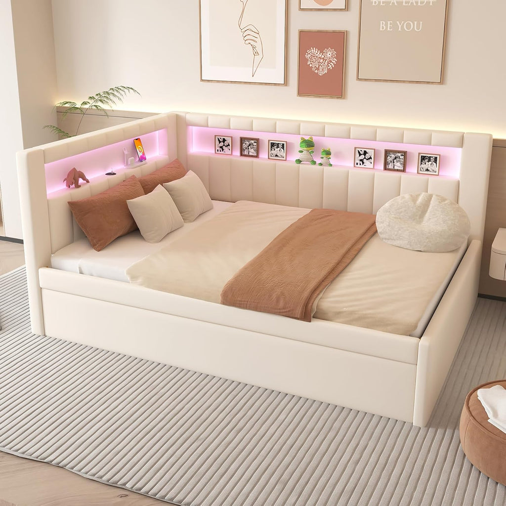 Upholstered Full Size Daybed with LED and Trundle, USB Ports, White | L-Shaped Corner Day Bed with Storage Shelves