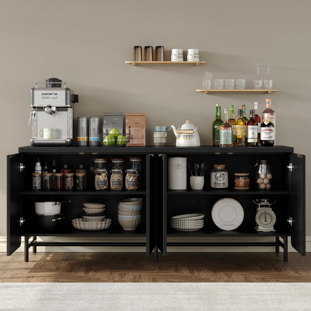 66.2''W Large Fluted Buffet Cabinet with 4 Doors & Shelves Wood Sideboard Buffet Table Storage Cabinet Modern Accent