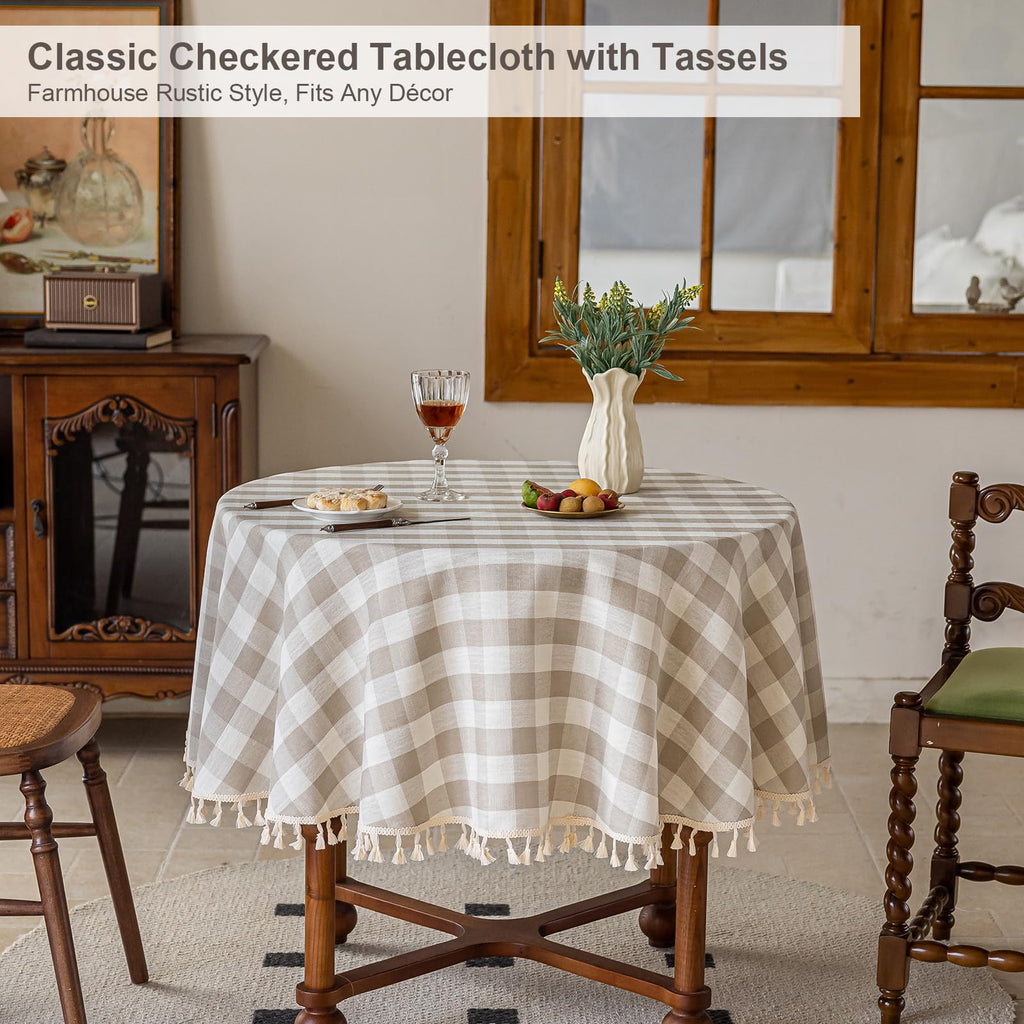 Thanksgiving Gingham Tablecloth Round 60 inch, Outdoor Washable Checkered Plaid Table Cloth Cotton Linen Fabric