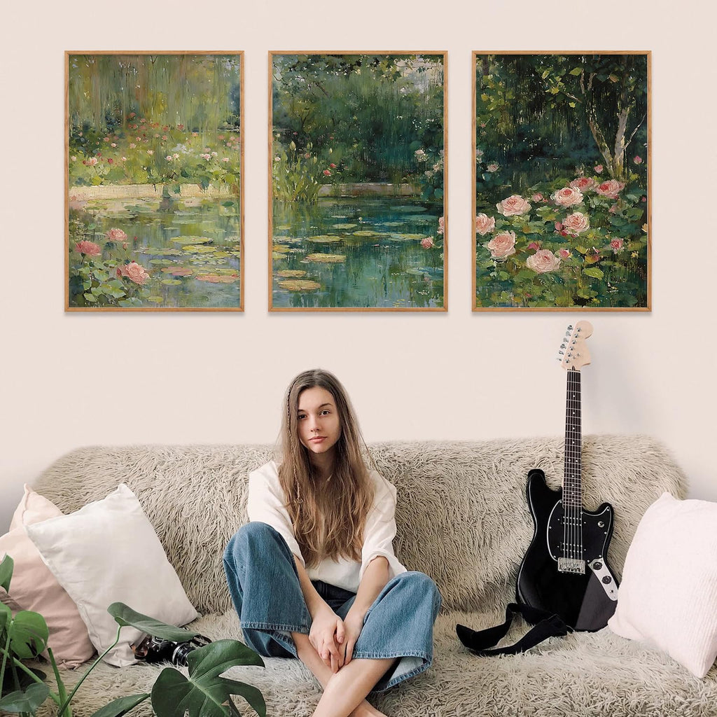 Monet Framed Canvas Wall Art Set, Impressionist Floral Garden Wall Decor, 3 Piece Claude Monet Green Botanical