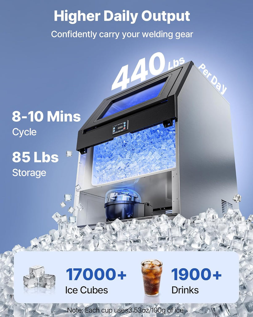 Commercial Ice Maker Machine, 440 lbs/24h with 85 lbs Storage Capacity, Built-in/Freestanding/Under Counter