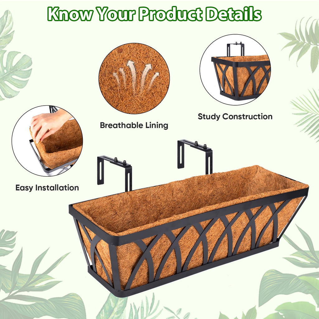 Deck Railing Planter Window Box - 2 Pack 24 Inch Deck Balcony Rail Planter with Coconut Coir Liner, Fence Metal