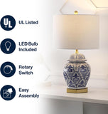 25" Blue/White Classic Traditional Ginger Jar Ceramic LED Table Lamp, Chinoiserie Table Lamp Bedroom, Gold Base