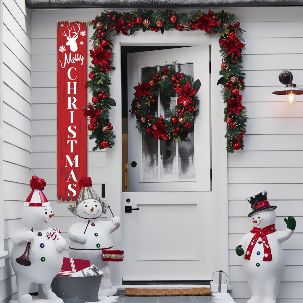 Merry Christmas Welcome Sign for Front Porch Standing, Snowflake Elk Wooden Porch Sign for Xmas Front Door