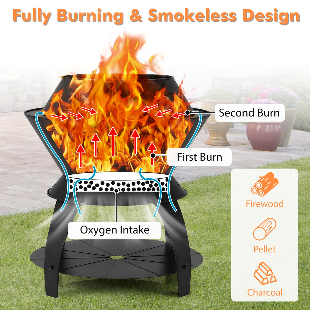 3-in-1 Outdoor Fire Pit, 20" Wood Burning Fire Pits with Removable Wok Ring, Ash Pan & Storage Shelf, Oxygen-Enriched