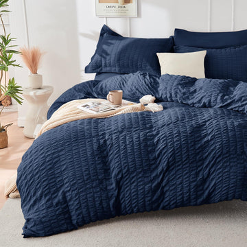 Duvet Cover, Seersucker Bedding Set, 3 Pieces, Navy Blue