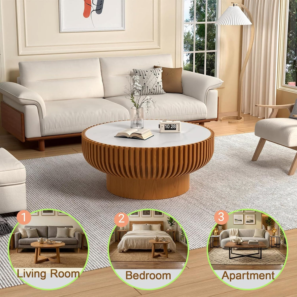 Modern Round Coffee Table, Faux Marble Sintered Stone Drum Table, Contemporary Center Table for Living Room, White Sto