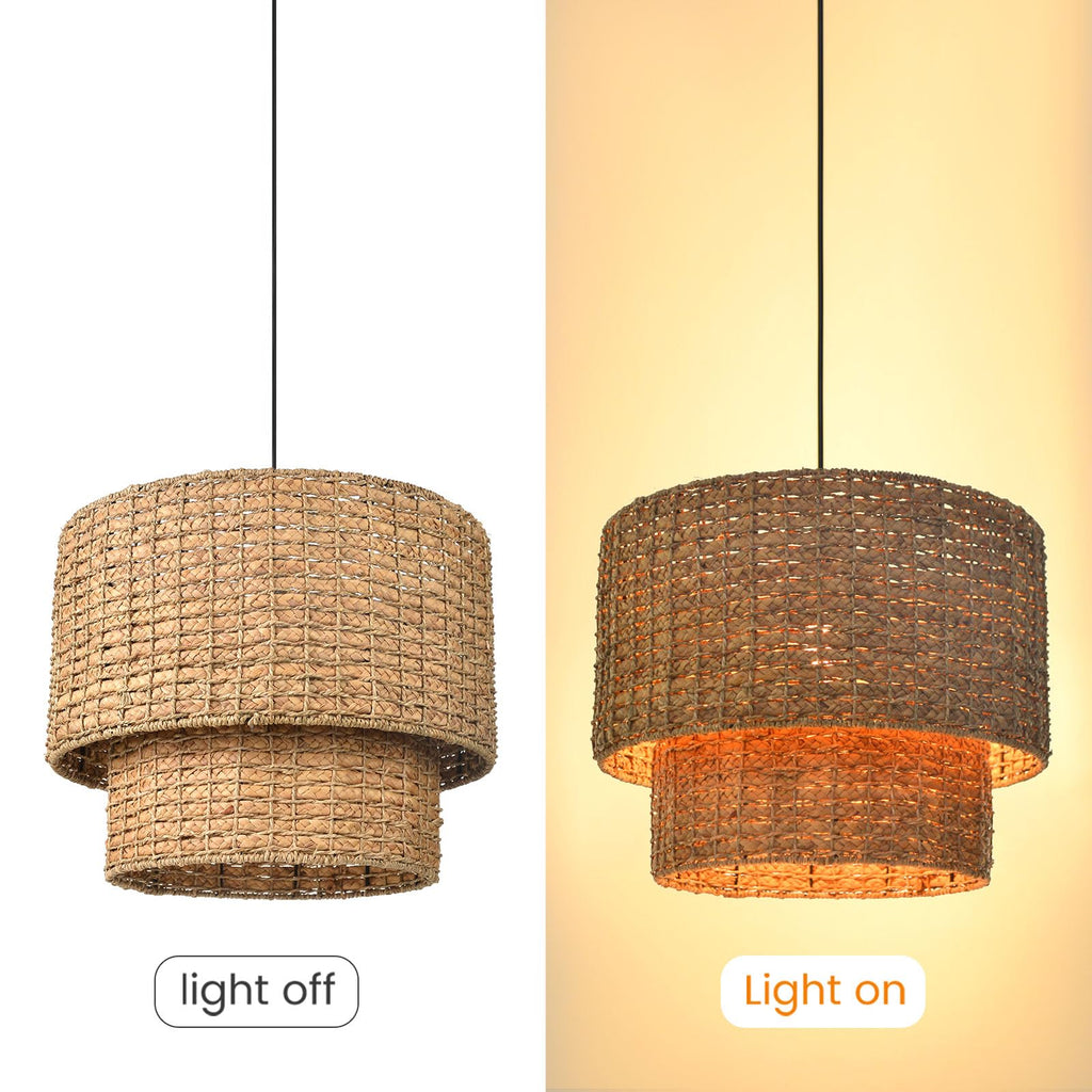 Rustic Pendant Light Fixture, Woven Rattan Lampshade Coastal Hanging Lighting, Adjustable Vintage Farmhouse