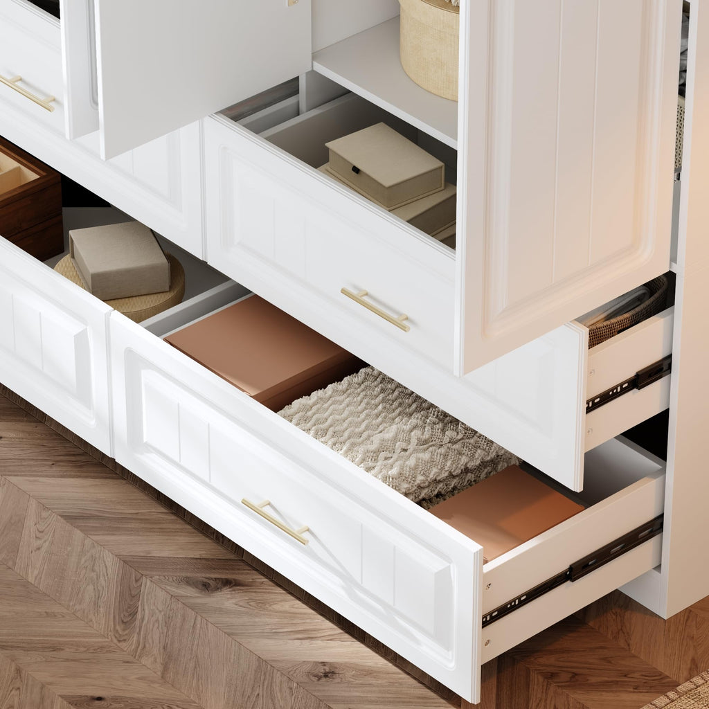4 Door Wardrobe Closet with 4 Drawers, White Bedroom Armoire