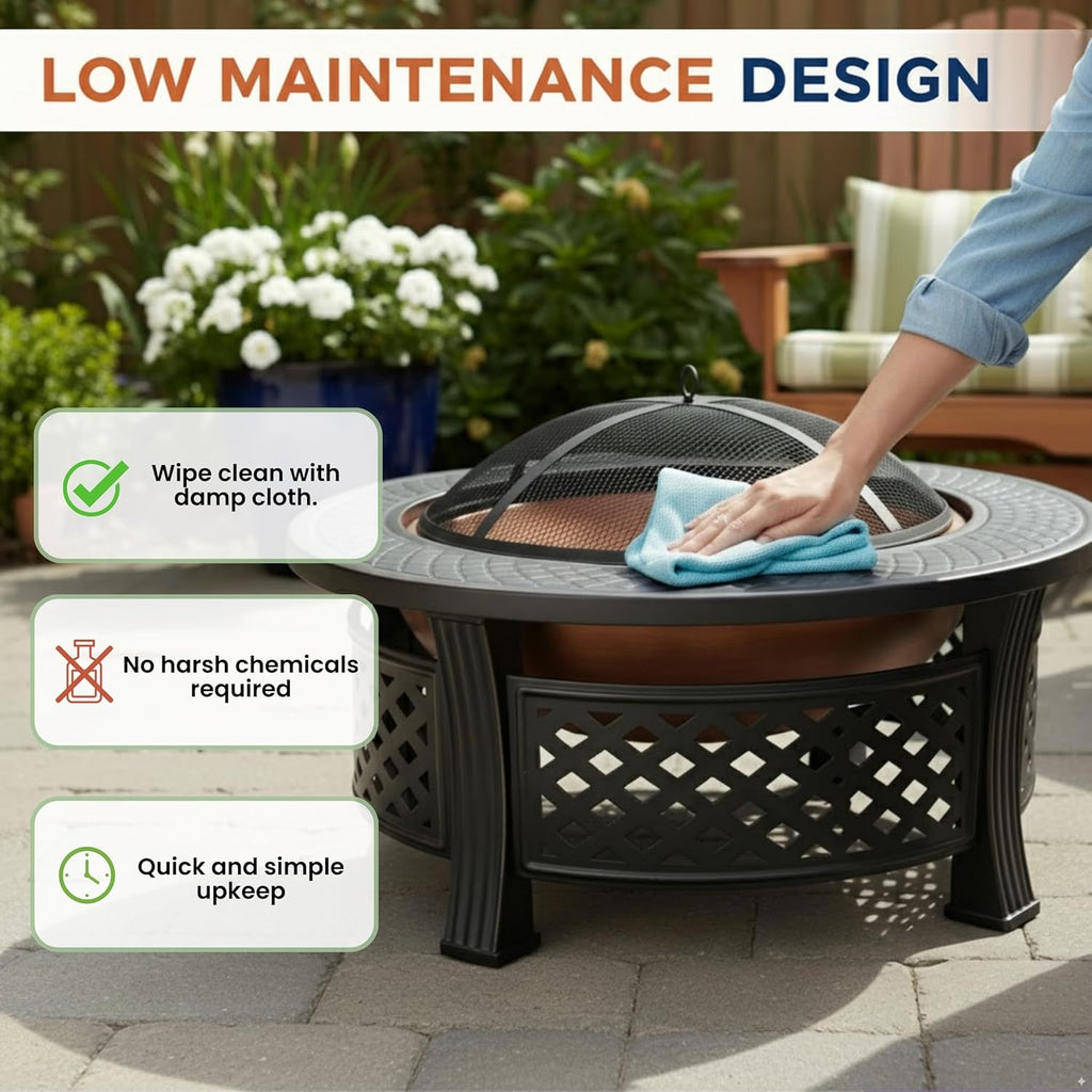 Fire Pit - 32-Inch Outdoor Fireplace with Spark Screen, Poker, and Cover - Wood-Burning Fire Pit