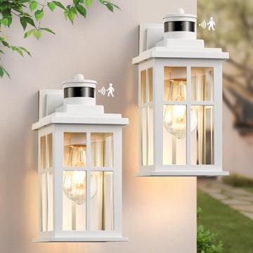 White Motion Sensor Light Outdoor, 2 Pack Dusk to Dawn Outside Lights, Anti-Rust Exterior Light Fixture, Waterproof