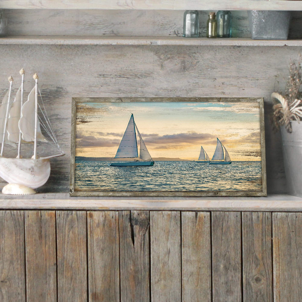 Coastal Framed Wooden Wall Art: Ocean Painting Art Sail Boats Artwork Decor Sunset Seascape Picture Prints 24"x12"