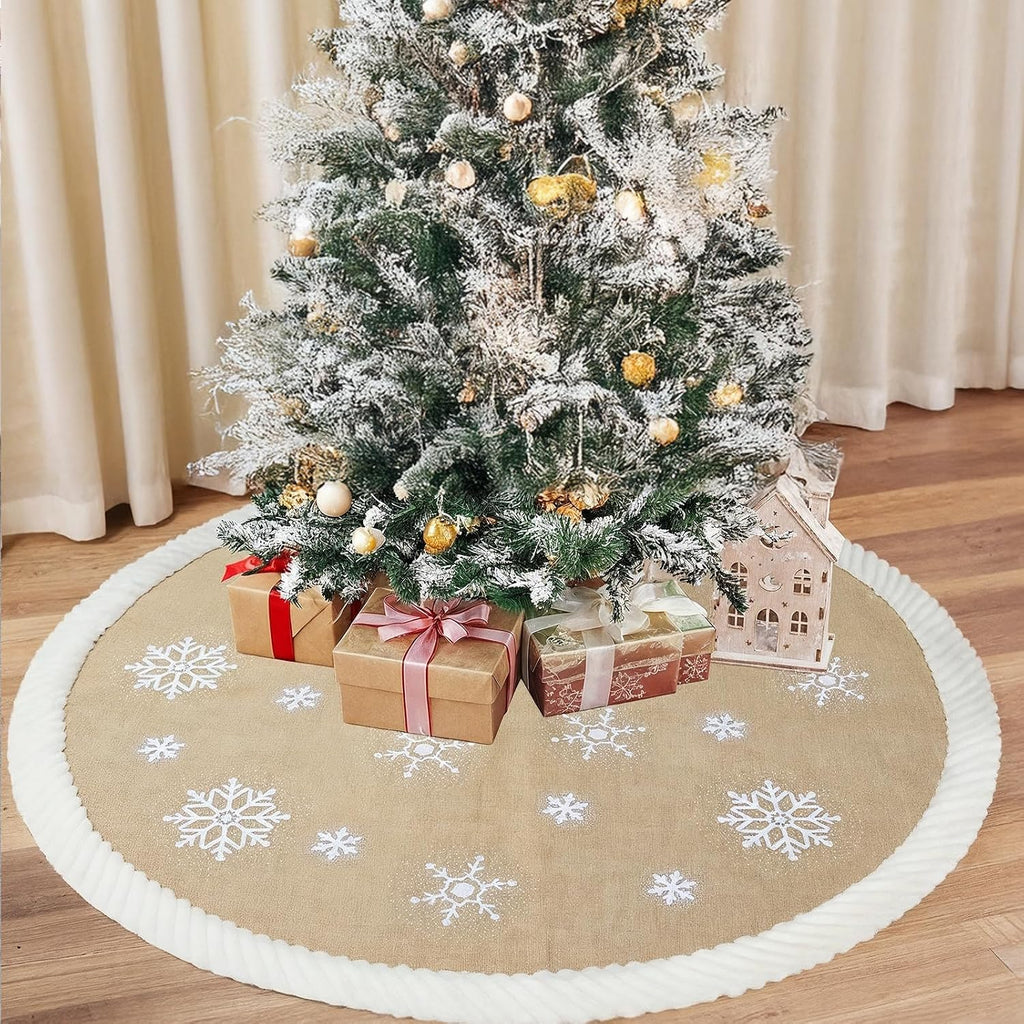 60 Inch Christmas Tree Skirt, Large Burlap Design with Fur Border Snowflake
