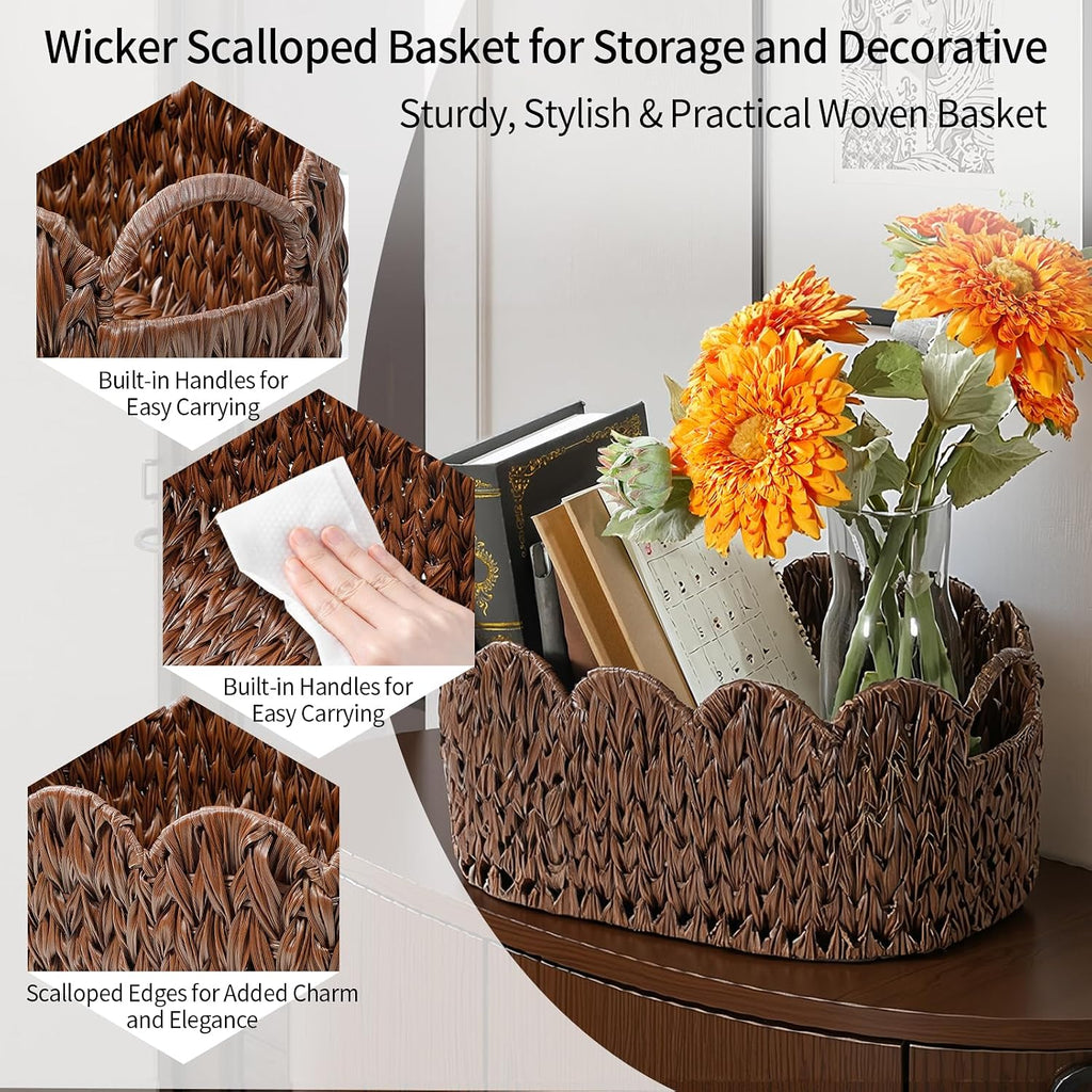 Wicker Scalloped Basket Set of 2,Woven Storage Baskets for Shelves,Closet,Laundry,Gift,Towels,Books,Toys,Waterproof
