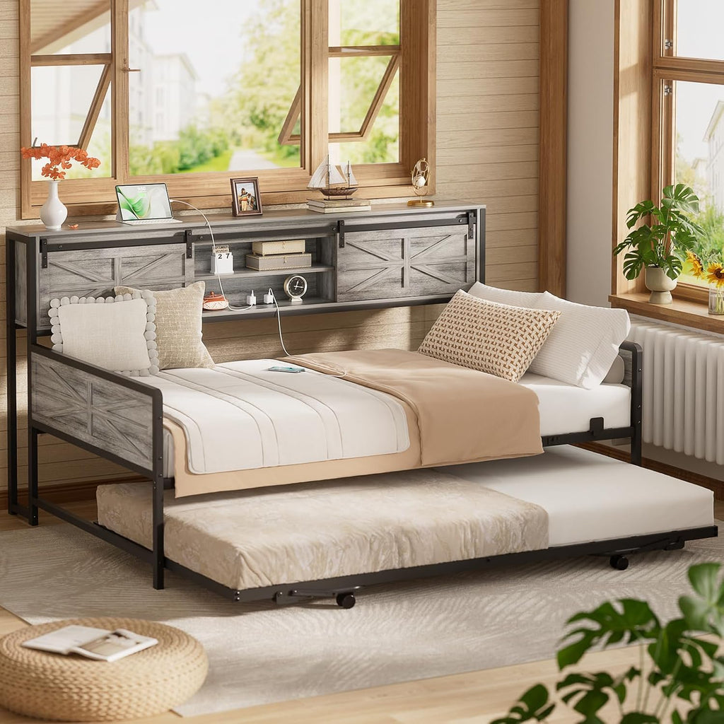 Farmhouse Twin Daybed with Pop-Up Trundle, Light Oak