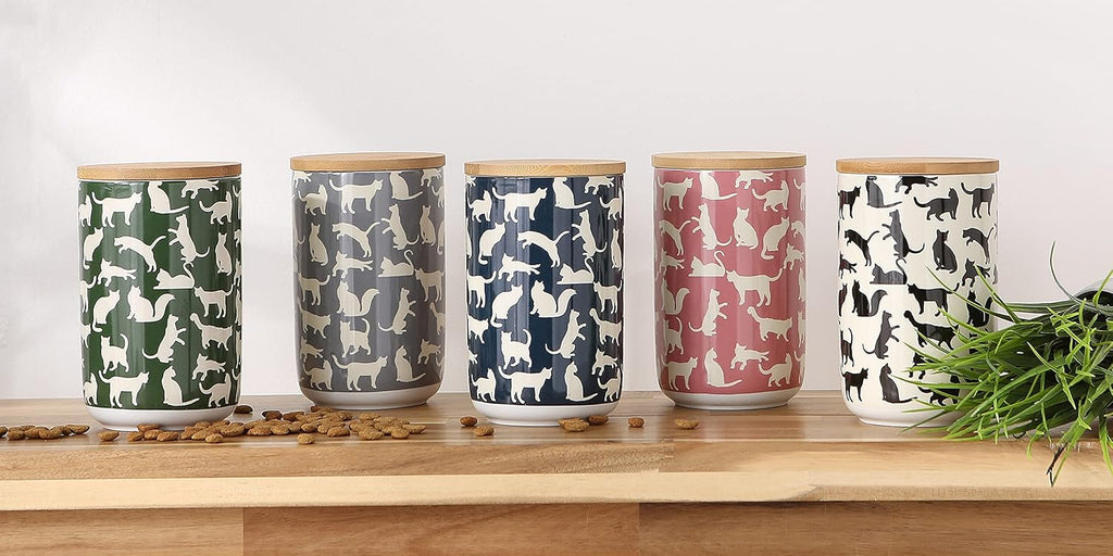 Ceramic Treat Jar for Cats and Dogs, Bamboo Lid, Dishwasher Safe Canister, 4x6.5", Navy, Cat Treats