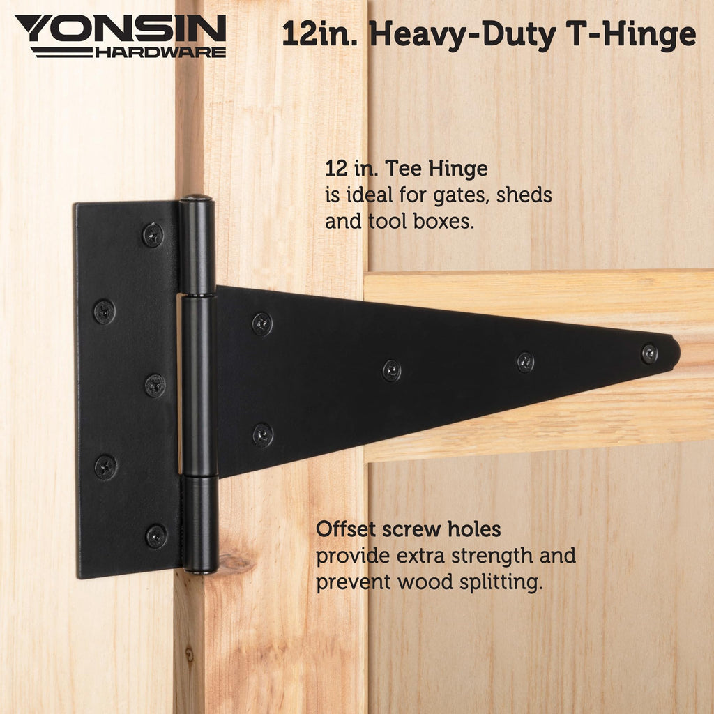 12" T-Strap Shed Door Hinges 6Pcs, Heavy Duty Black Tee Hings for Wooden Fence Gate, Outdoor T Hinges