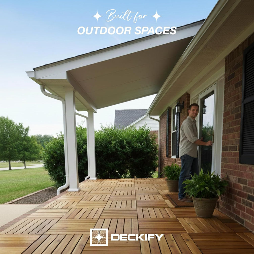 9 Pcs Acacia Wood Interlocking Patio Deck Tiles, 12 x 12 x 0.9 Inch Outdoor Flooring, Waterproof for All-Weather Use