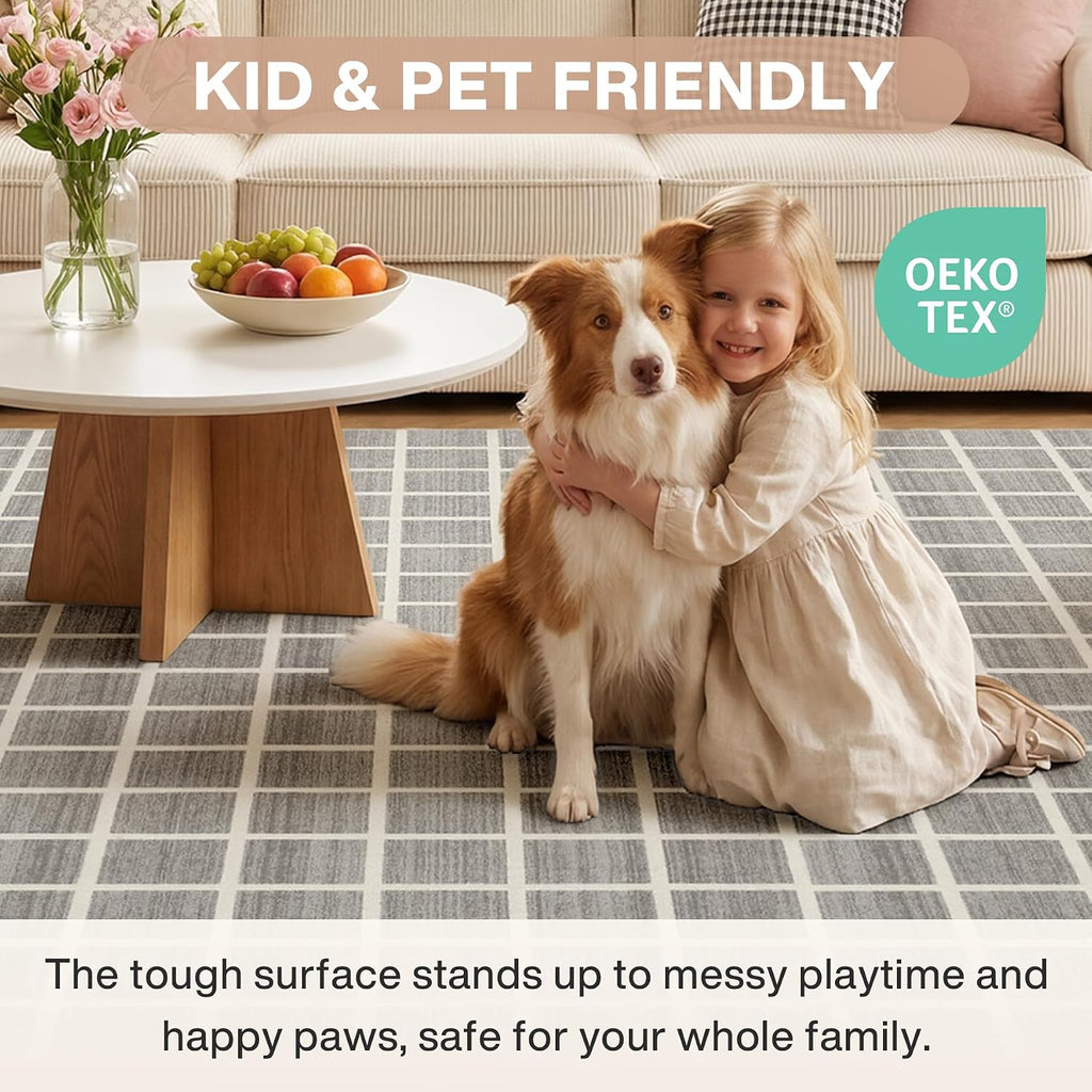 Grey Modern Plaid Geometric Washable Rug