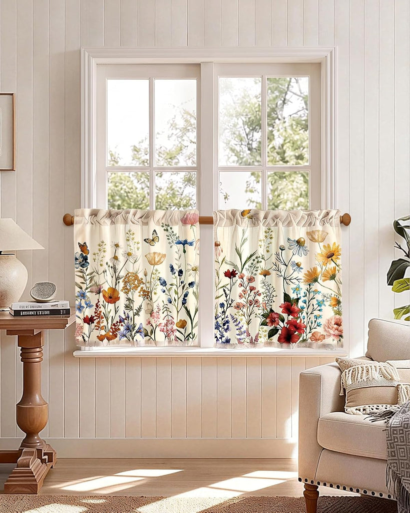 Floral Kitchen Tier Curtains - 24 Inch Length Linen Blend Farmhouse Cafe Curtains Vintage Small Window Treatments