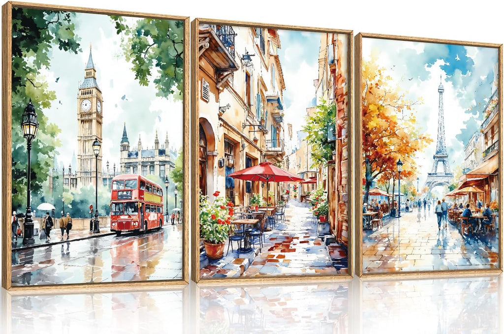 Watercolor European Cityscape Framed Canvas Wall Art Set,London Big Ben & Paris Eiffel Tower Street Scenery Wall