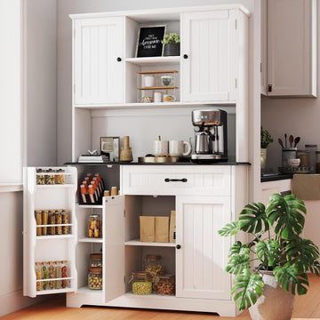 Tall Kitchen Storage Cabinet with Door and Shelves White and Black | Kitchen Pantry Cabinet with Storage 67" Large