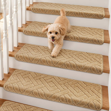 Bullnose Carpet Stair Treads Non-Slip Indoor, 14 PCS 9.5" x 30", Khaki