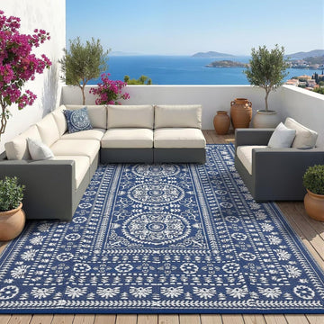 Reversible Outdoor Rug 6x9, Waterproof Outdoor Area Rug, Modern Medallion Indoor Outdoor Rugs, Plastic Straw Rug for