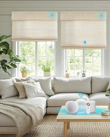 Motorized Bamboo Roman Blinds with Remote, Woven Roman Shades Compatible with Alexa Google Home, Automatic Bamboo